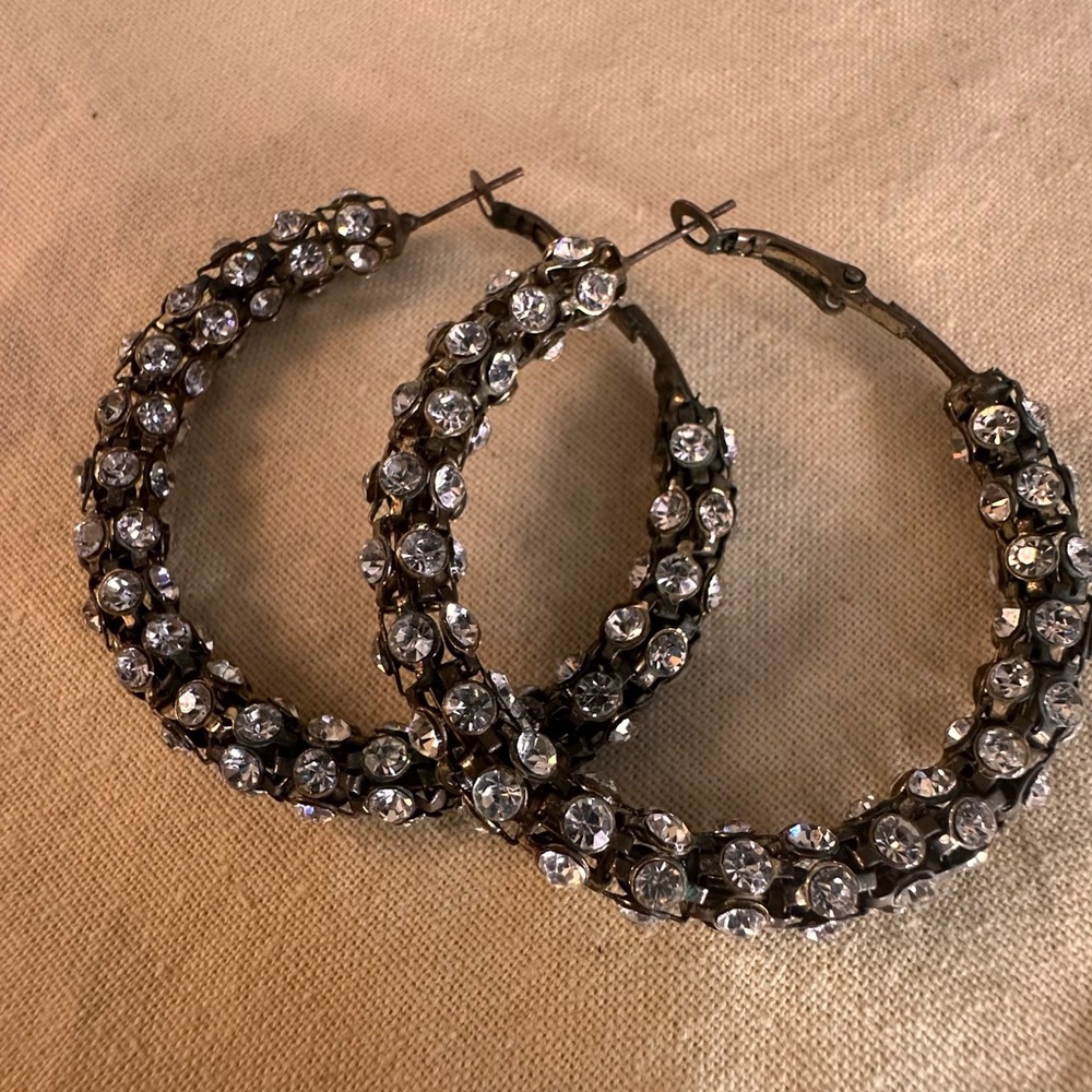 Vintage Silver Crystal Hoop Earrings